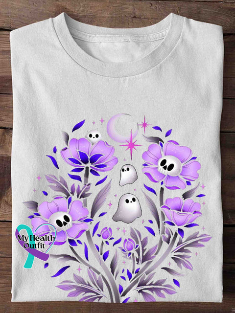 Halloween Ghost Flower Skull Print Retro Art T-Shirt White / S