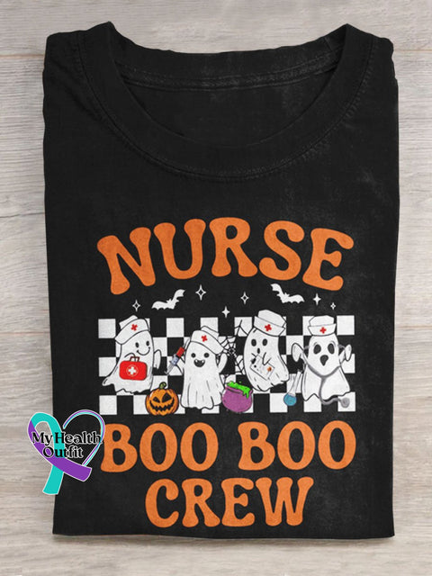 Halloween Ghost Nurse Boo Crew Art Print Casual T-Shirt Black / S