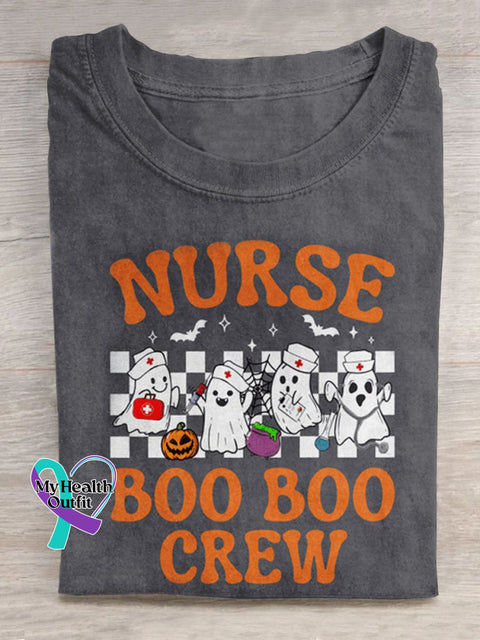 Halloween Ghost Nurse Boo Crew Art Print Casual T-Shirt Grey / S