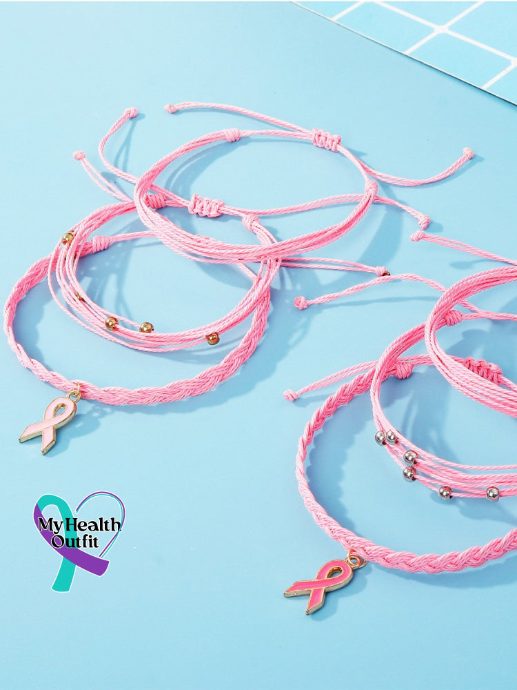 Handwoven Pink Ribbon Pendant Multi-Layer Bracelet