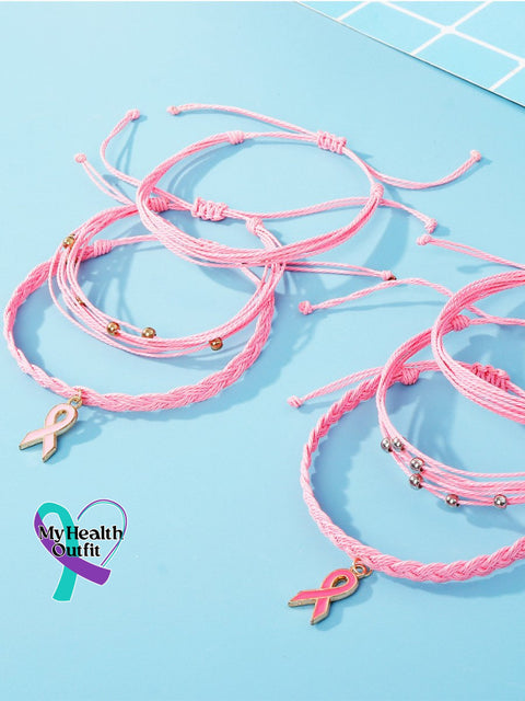 Handwoven Pink Ribbon Pendant Multi-Layer Bracelet