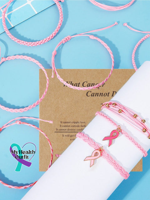 Handwoven Pink Ribbon Pendant Multi-Layer Bracelet