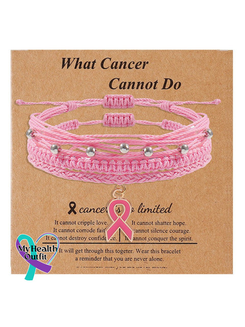 Handwoven Pink Ribbon Pendant Multi-Layer Bracelet Silver Three-Piece / One Size