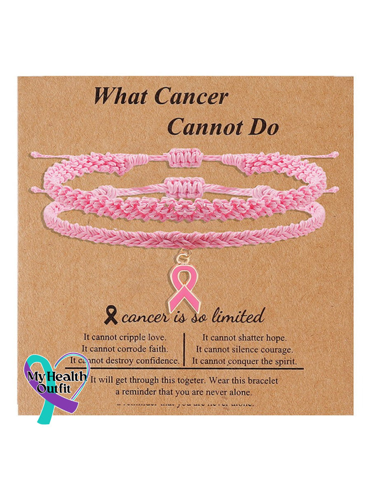 Handwoven Pink Ribbon Pendant Multi-Layer Bracelet Two-Piece / One Size