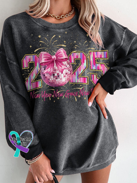 Happy New Year 2025 Pink Coquette Bow Women’s Casual Print Corduroy Sweatshirt Black / S
