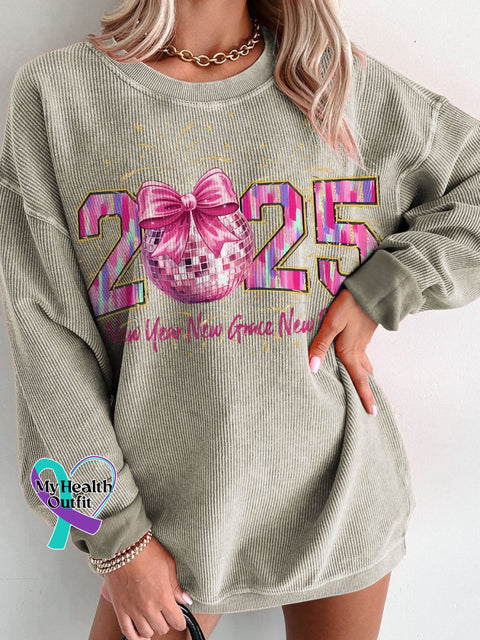 Happy New Year 2025 Pink Coquette Bow Women’s Casual Print Corduroy Sweatshirt Brown / S