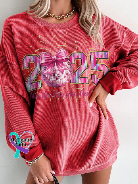 Happy New Year 2025 Pink Coquette Bow Women’s Casual Print Corduroy Sweatshirt Red / S
