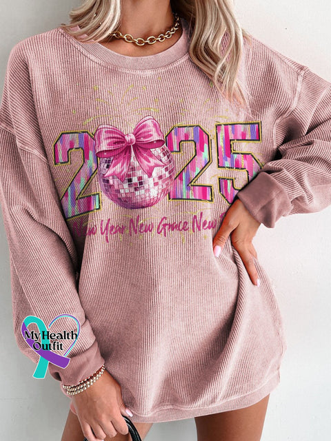 Happy New Year 2025 Pink Coquette Bow Women’s Casual Print Corduroy Sweatshirt / S