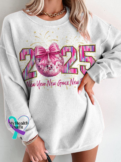 Happy New Year 2025 Pink Coquette Bow Women’s Casual Print Corduroy Sweatshirt White / S