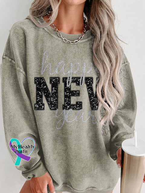 Happy New Year Holidays Glitter Women’s Casual Print Corduroy Sweatshirt Brown / S