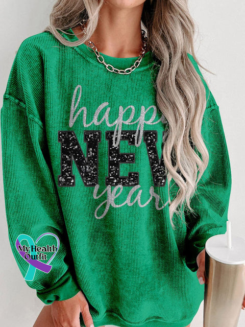 Happy New Year Holidays Glitter Women’s Casual Print Corduroy Sweatshirt Green / S