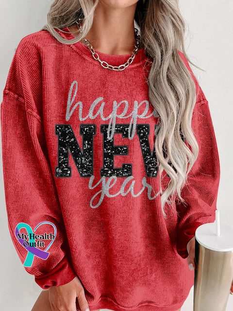 Happy New Year Holidays Glitter Women’s Casual Print Corduroy Sweatshirt Red / S