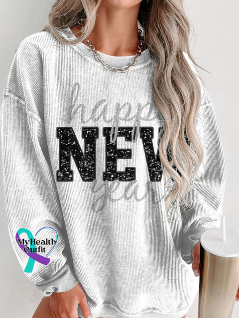 Happy New Year Holidays Glitter Women’s Casual Print Corduroy Sweatshirt White / S