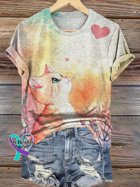 Healing Cat Heart Print Casual Crew Neck Short Sleeve T-Shirt Multicolor / S
