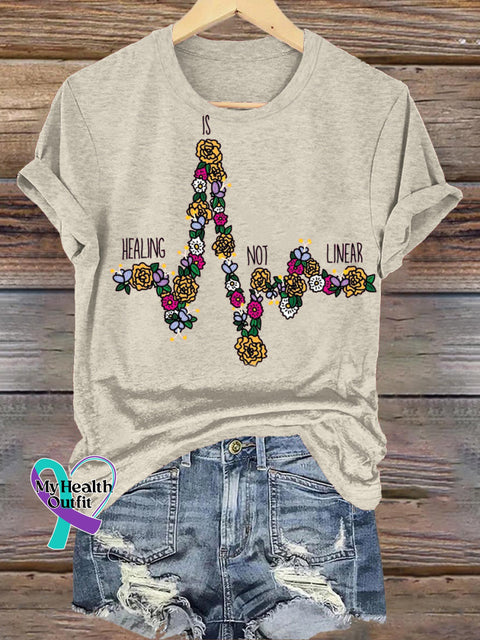 Healing Is Not Liner Printed Casual Crew Neck Short Sleeve T-Shirt Beige / S