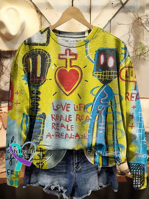 Heart Cross Skull Art Print Casual Sweatshirt Multicolor / S