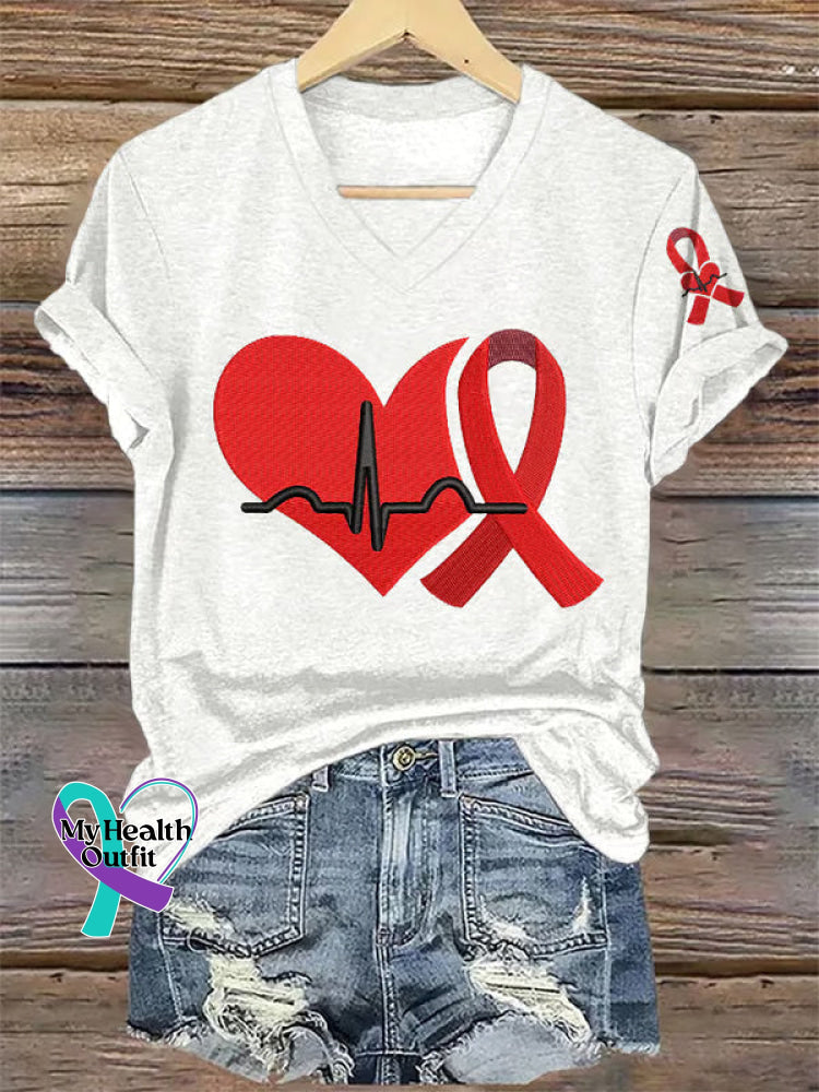 Heart Disease Awareness Art V-neck Casual T-Shirt White / S