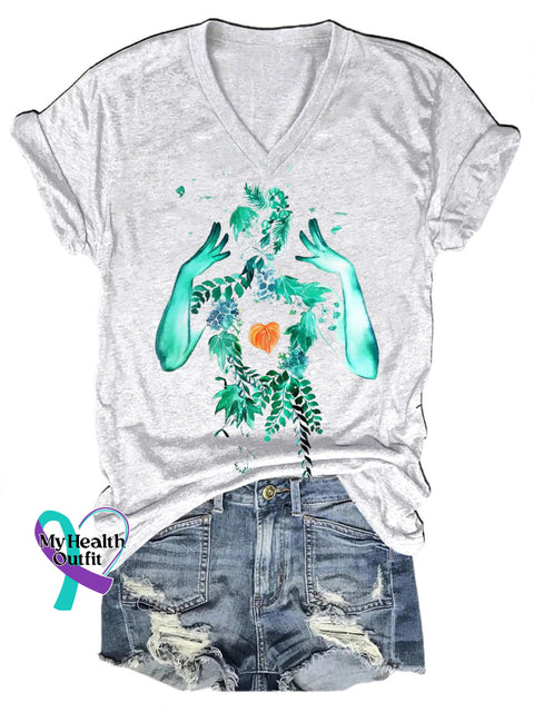 Heart Portrait Print Casual V-Neck Short Sleeve T-Shirt White / S