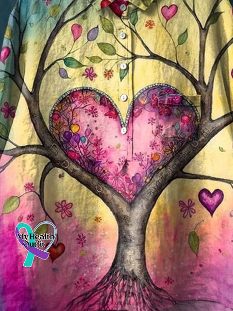 Heart Tree Art Print Casual Cotton And Linen Shirt