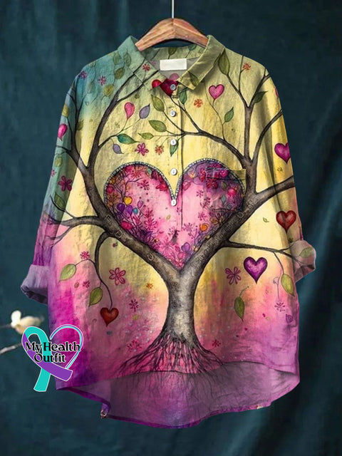 Heart Tree Art Print Casual Cotton And Linen Shirt Multicolor / S