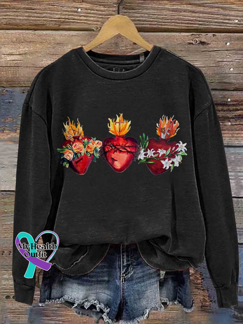 Hearts Of The Holy Family Jesus Print Casual Sweatshirt Black / S