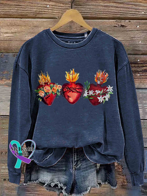 Hearts Of The Holy Family Jesus Print Casual Sweatshirt Navyblue / S