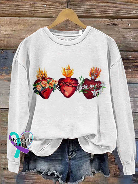 Hearts Of The Holy Family Jesus Print Casual Sweatshirt White / S