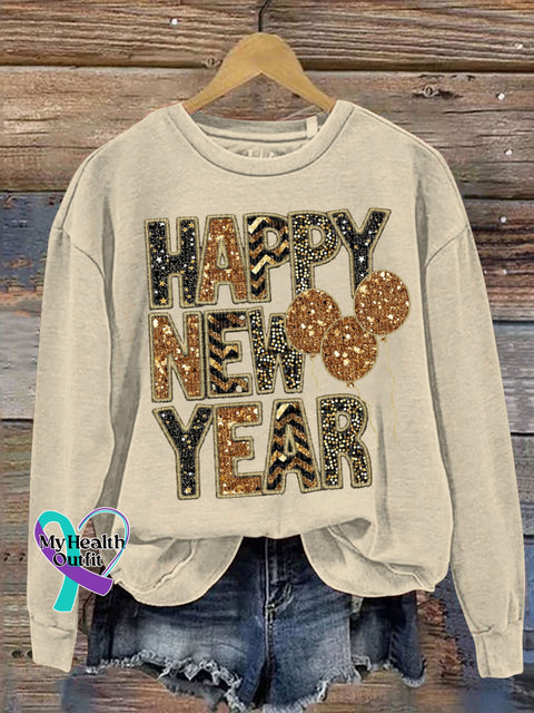 Hello 2024 Happy New Year Print Casual Sweatshirt Beige / S