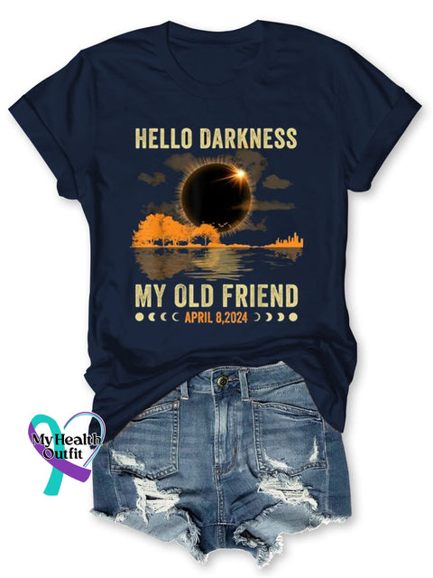 Hello Darkness My Friend Solar Eclipse April 8 2024 Funny Print Short Sleeve T-Shirt Blue / S