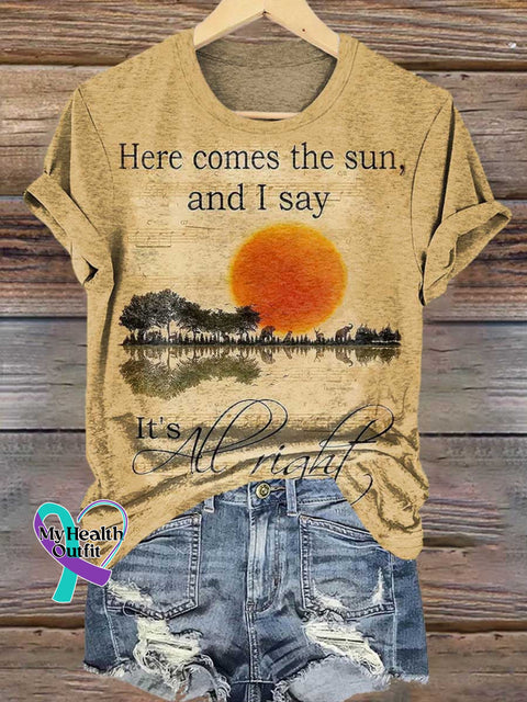 Here Comes The Sun And I Say It’s All Right Art Print Casual T-shirt Khaki / S