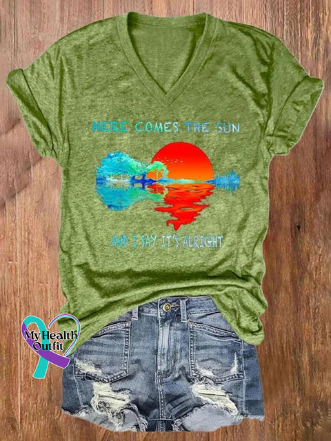 Here Comes The Sun And I Say It’s Alright Art Casual T-Shirt Green / S