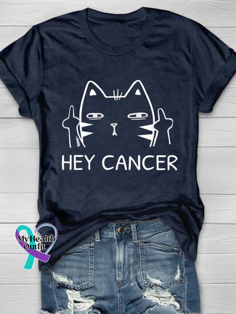 Hey Cancer Print T-Shirt Blue / S