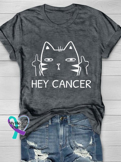 Hey Cancer Print T-Shirt Grey / S