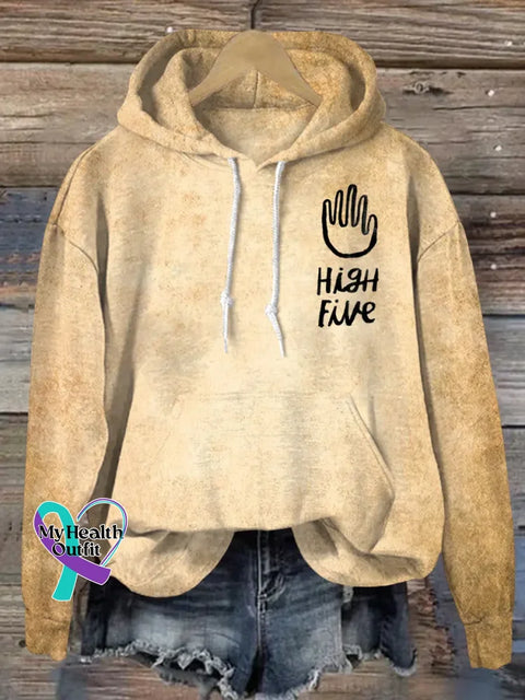 High Five Art Print Casual Hoodie Sweatshirt Khaki / S