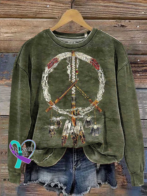 Hippie Ethnic Indian Feather Peace Sign Love And Casual Sweatshirt Multicolor / S