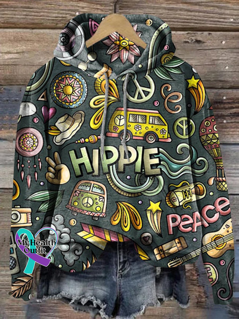 Hippie Graphic Art Print Casual Hoodie Multicolor / S