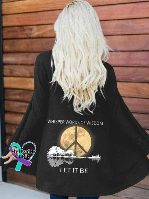 Hippie Guitar Lake Whisper Words Of Wisdom Let It Be Print Long Sleeve Cardigan Black / S
