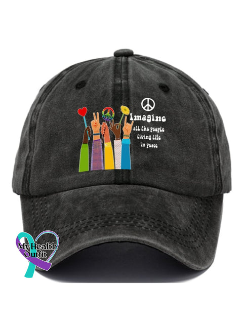 Hippie Imagine All The People Living Life In Peace Print Baseball Cap Black / One-Size