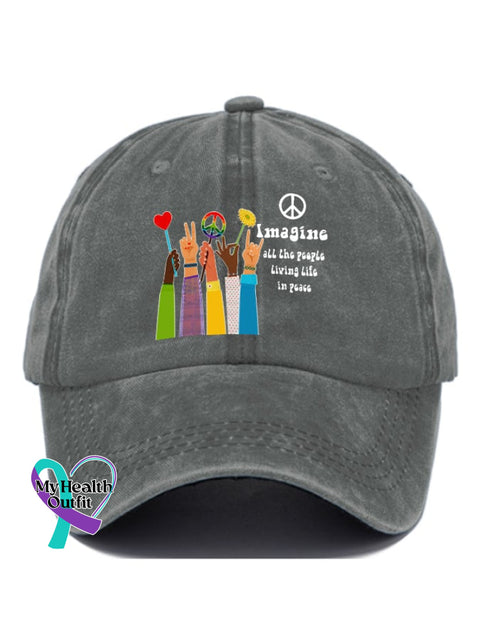 Hippie Imagine All The People Living Life In Peace Print Baseball Cap Grey / One-Size