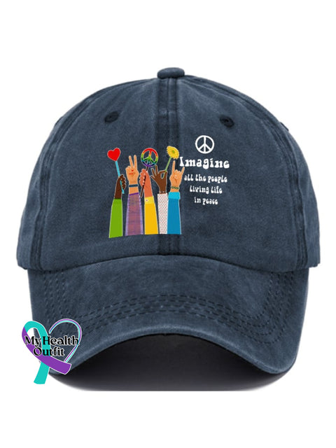Hippie Imagine All The People Living Life In Peace Print Baseball Cap Navy / One-Size