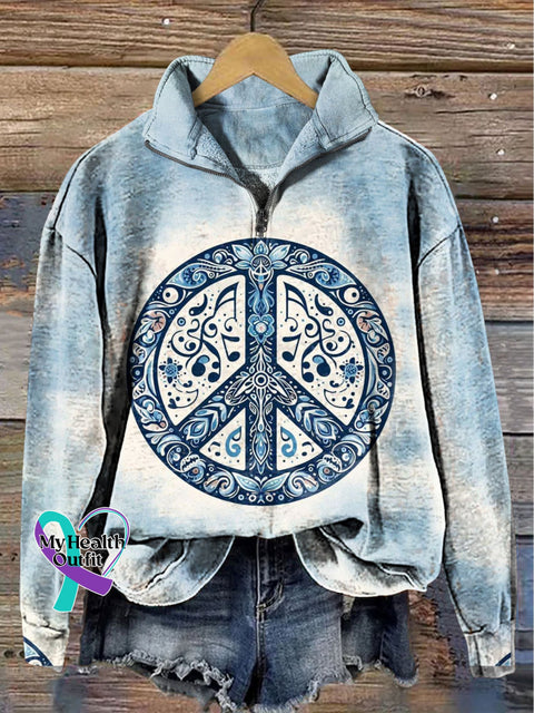 Hippie Musical Notes Floral Art Print Casual Long Sleeve Zipper Sweatshirt Multicolor / S