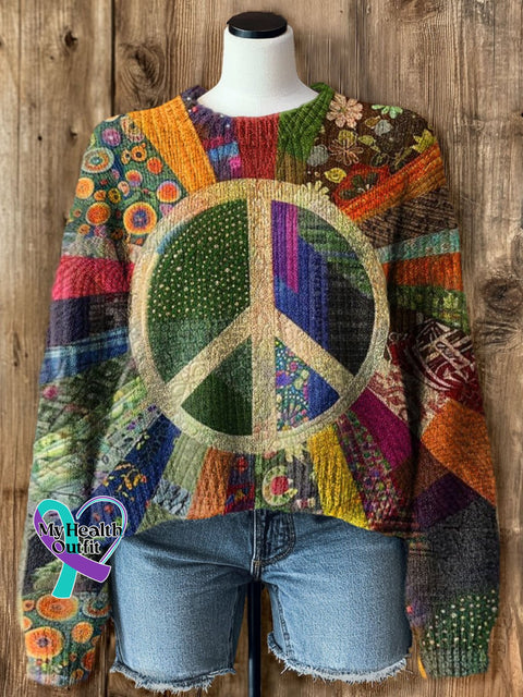 Hippie Peace Art Print Casual Pullover Sweater Multicolor / M