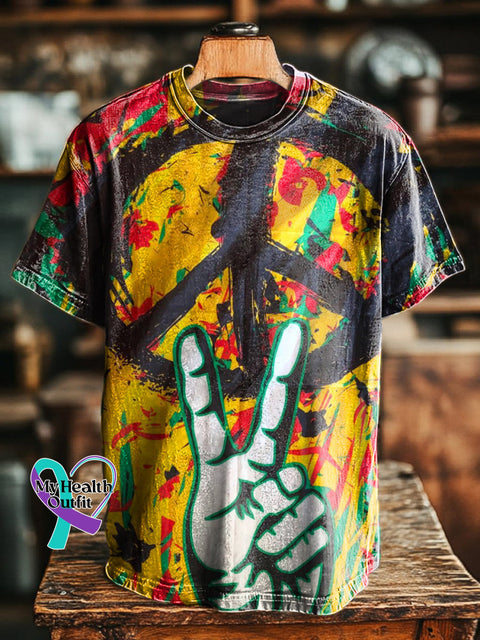 Hippie Peace Clash Gesture Print Casual Round Neck Short Sleeve T-Shirt Multicolor / S