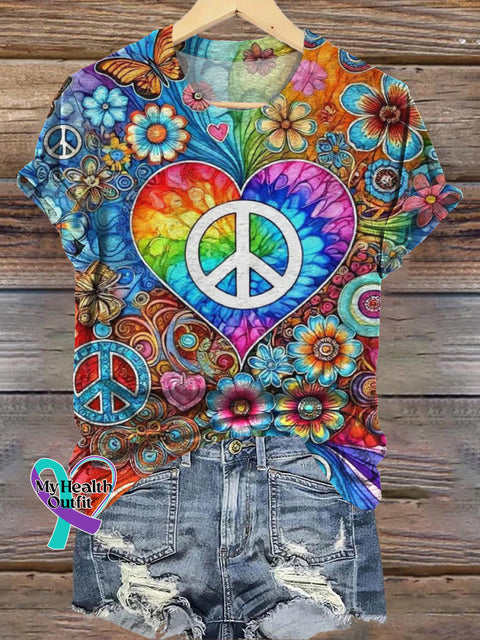 Hippie Peace Symbol Print Casual Crew Neck Short Sleeve T-Shirt Multicolor / S