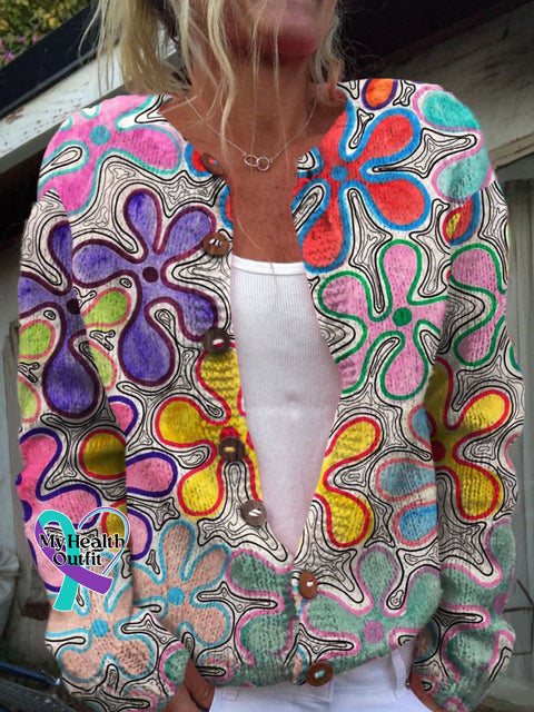 Hippie Retro Floral Print Buttoned Cardigan Sweater Multicolor / S