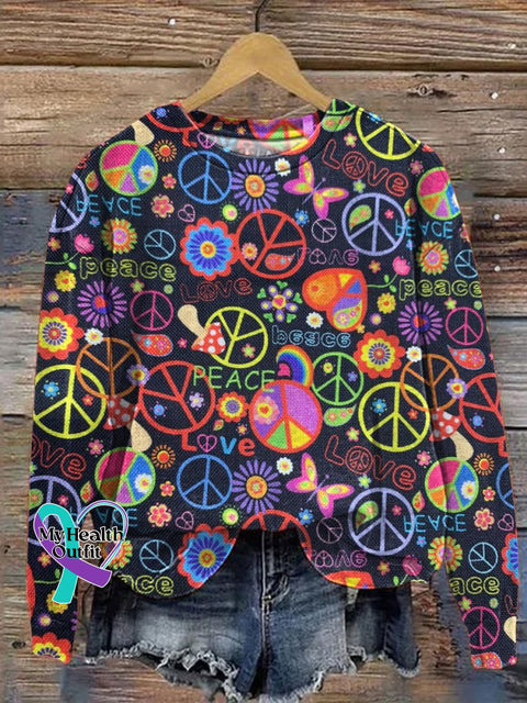 Hippie Style Peace Sign Pattern Printed Casual Sweatshirt Multicolor / S