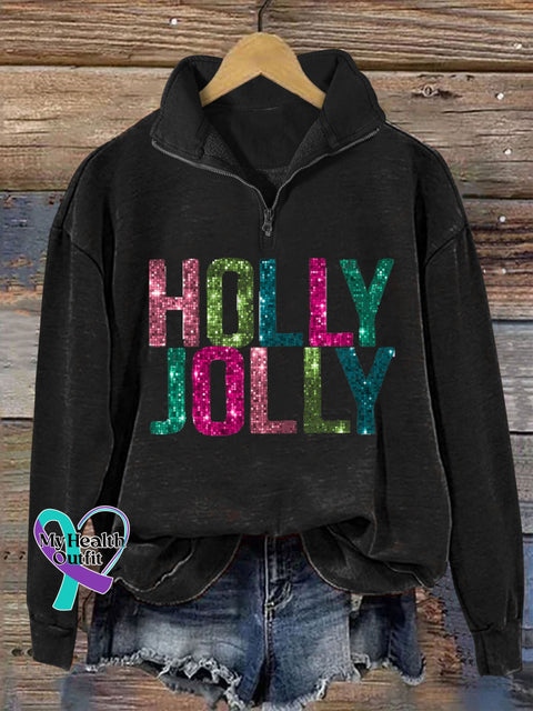 Holly Jolly Glitter Letter Christmas Print Casual Zipper Sweatshirt Black / S