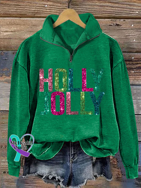Holly Jolly Glitter Letter Christmas Print Casual Zipper Sweatshirt Green / S