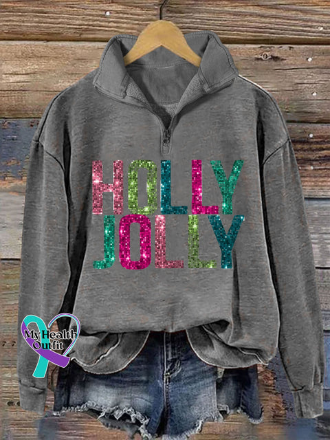 Holly Jolly Glitter Letter Christmas Print Casual Zipper Sweatshirt Grey / S