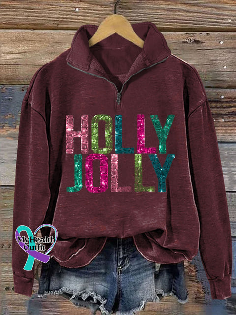 Holly Jolly Glitter Letter Christmas Print Casual Zipper Sweatshirt Maroon / S
